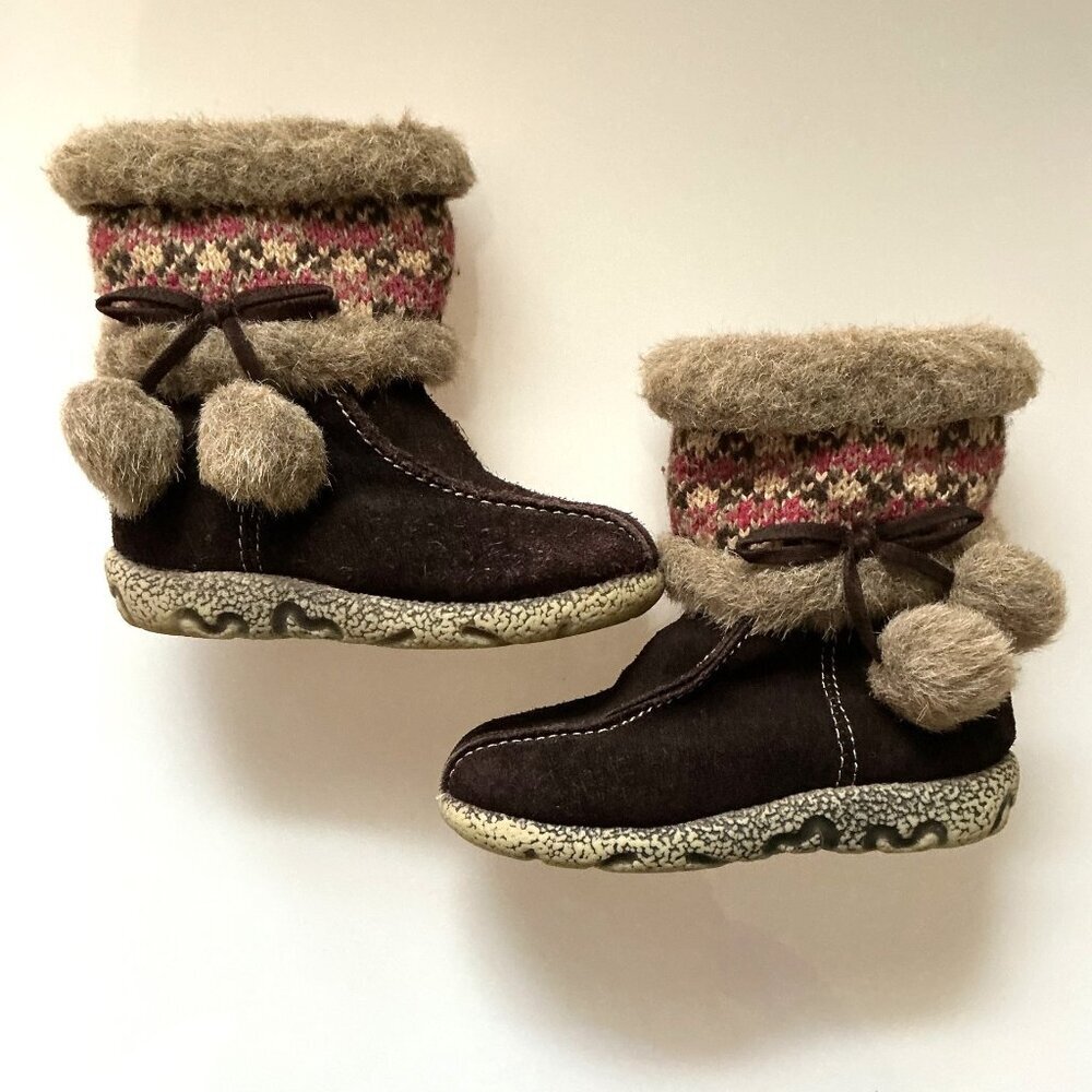 Cherokee Toddler Girls Winter Boots Size 6 Brown Suede Fair Isle Pom -Pom